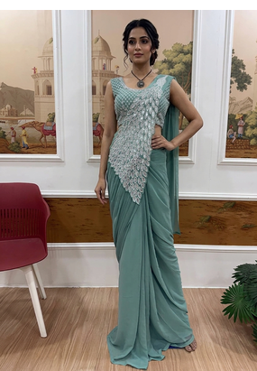 sea green embroidered,thread & sequins work work faux georgette ready made saree 2