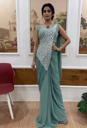 sea green embroidered,thread & sequins work work faux georgette ready made saree