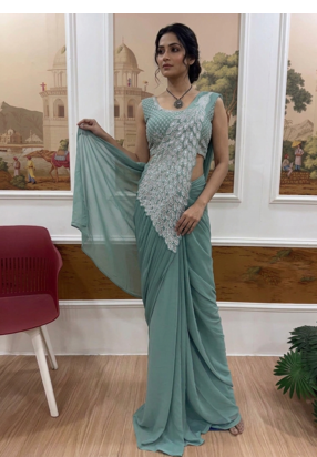 sea green embroidered,thread & sequins work work faux georgette ready made saree 3