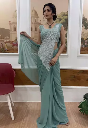 sea green embroidered,thread & sequins work work faux georgette ready made saree
