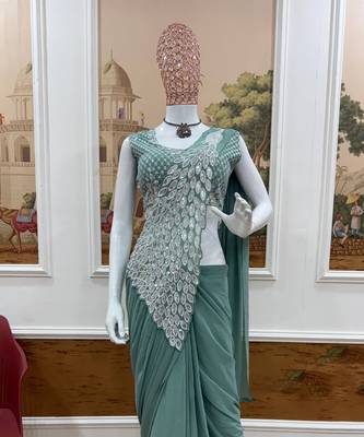 sea green embroidered,thread & sequins work work faux georgette ready made saree 4