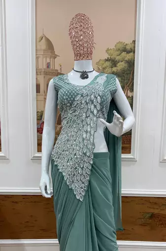 sea green embroidered,thread & sequins work work faux georgette ready made saree