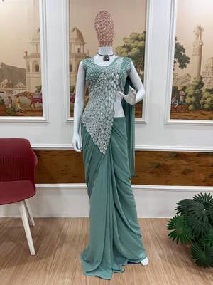 sea green embroidered,thread & sequins work work faux georgette ready made saree 5