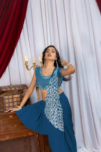 Teal Color Embroidered,Thread & Sequins Work Work Faux Georgette Ready To Wear Saree