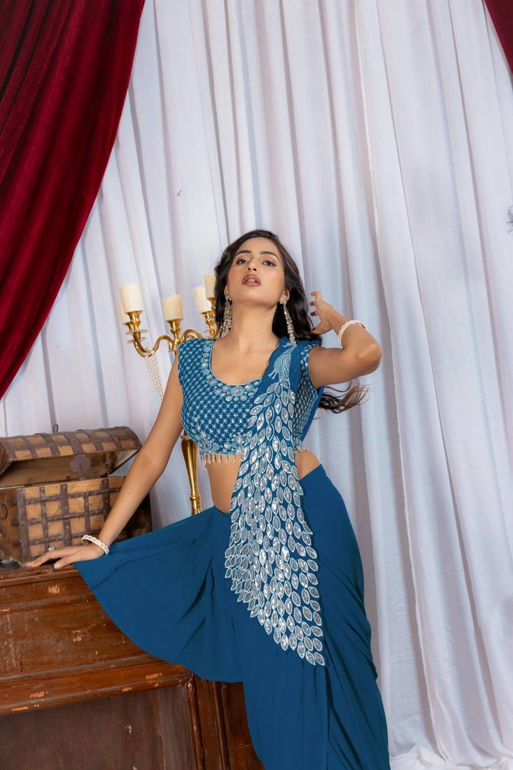 Teal Color Embroidered,Thread & Sequins Work Work Faux Georgette Ready To Wear Saree