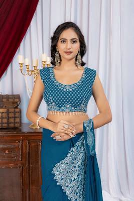 teal embroidered,thread & sequins work work faux georgette pre-stitched saree 3