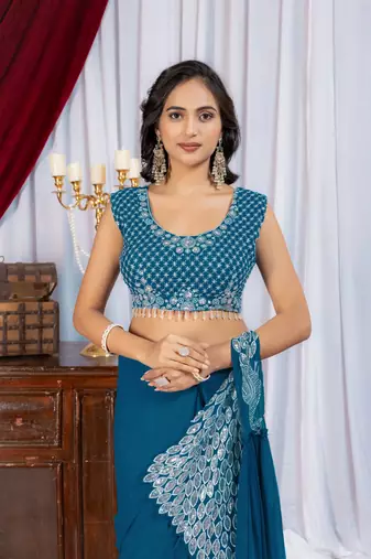 teal embroidered,thread & sequins work work faux georgette pre-stitched saree