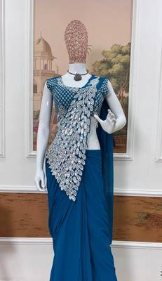 teal embroidered,thread & sequins work work faux georgette pre-stitched saree 4
