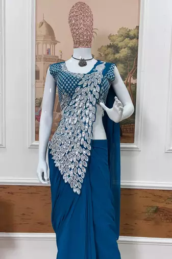 teal embroidered,thread & sequins work work faux georgette pre-stitched saree