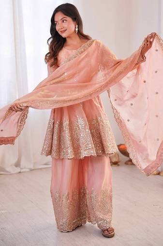 Peach fendy satin with embroidered real mirror work plazzo set