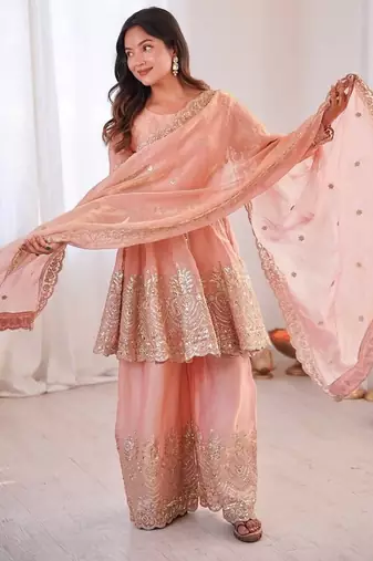 Peach fendy satin with embroidered real mirror work plazzo set