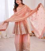 Peach fendy satin with embroidered real mirror work plazzo set