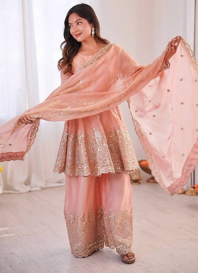 Peach fendy satin with embroidered real mirror work plazzo set
