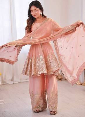 Peach fendy satin with embroidered real mirror work palazzo set 2