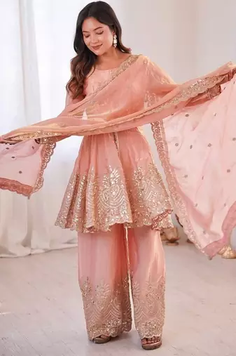 Peach fendy satin with embroidered real mirror work palazzo set