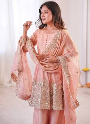 Peach fendy satin with embroidered real mirror work palazzo set 3