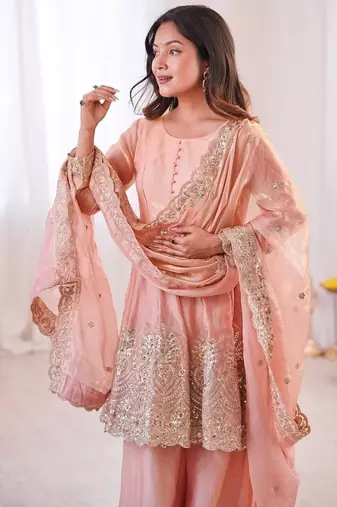 Peach fendy satin with embroidered real mirror work palazzo set
