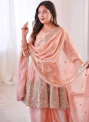 Peach fendy satin with embroidered real mirror work palazzo set 4
