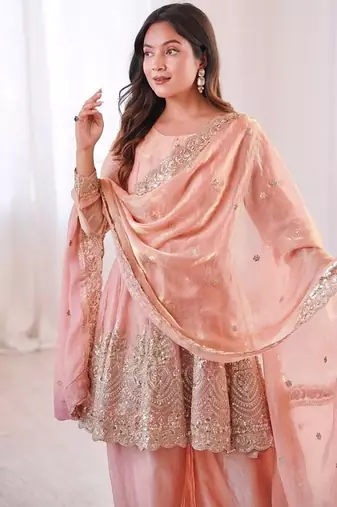 Peach fendy satin with embroidered real mirror work palazzo set