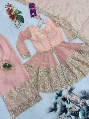 Peach fendy satin with embroidered real mirror work palazzo set 5