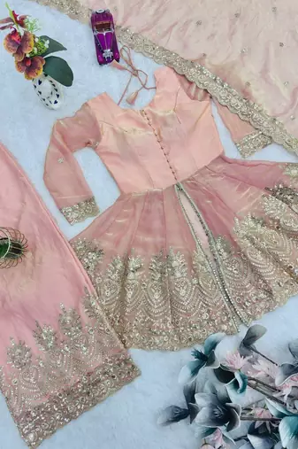 Peach fendy satin with embroidered real mirror work palazzo set