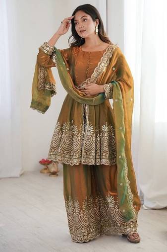 Mehendi fendy satin with embroidered real mirror work plazzo set