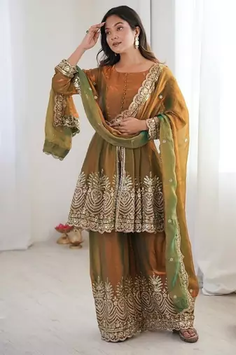 Mehendi fendy satin with embroidered real mirror work plazzo set