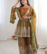 Mehendi fendy satin with embroidered real mirror work plazzo set