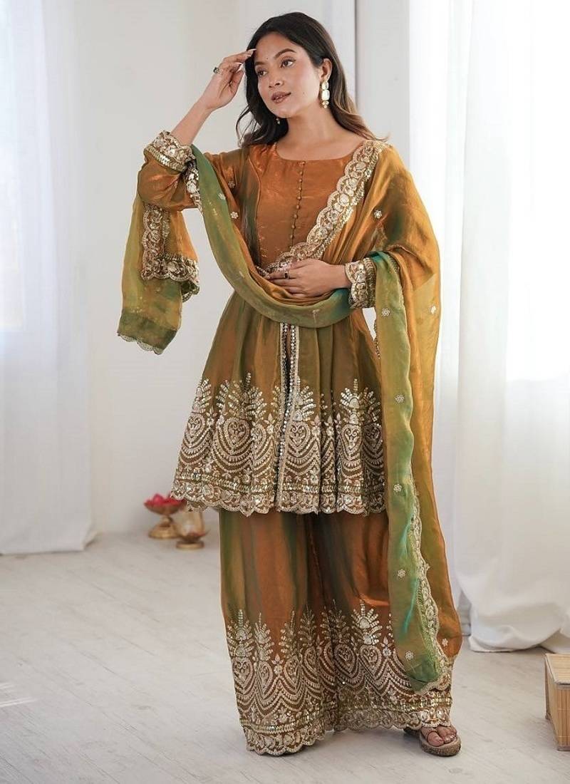 Mehendi fendy satin with embroidered real mirror work plazzo set