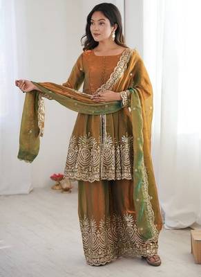 Mehendi fendy satin with embroidered real mirror work plazzo set 2