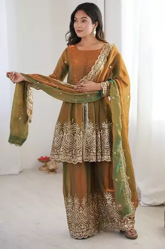 Mehendi fendy satin with embroidered real mirror work plazzo set