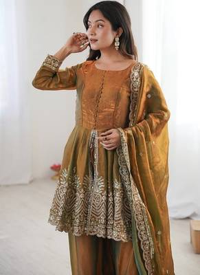 Mehendi fendy satin with embroidered real mirror work plazzo set 3