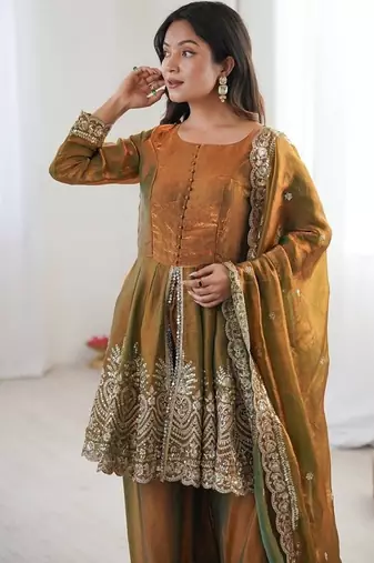 Mehendi fendy satin with embroidered real mirror work plazzo set