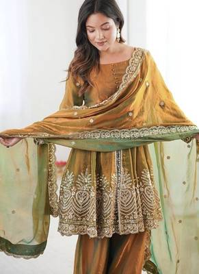 Mehendi fendy satin with embroidered real mirror work plazzo set 4