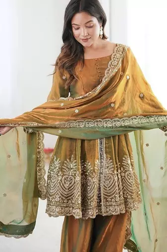 Mehendi fendy satin with embroidered real mirror work plazzo set