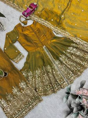 Mehendi fendy satin with embroidered real mirror work plazzo set 5