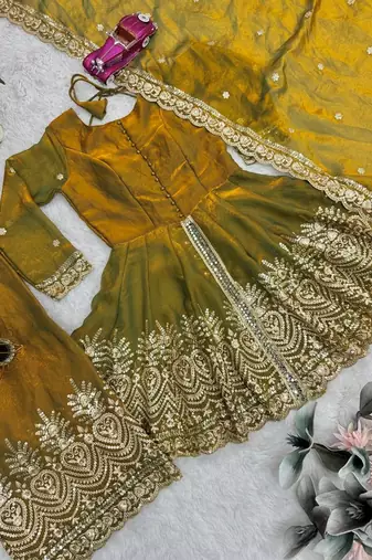 Mehendi fendy satin with embroidered real mirror work plazzo set