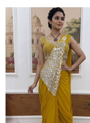 yellow embroidered,thread & sequins work work faux georgette ready to wear saree 1