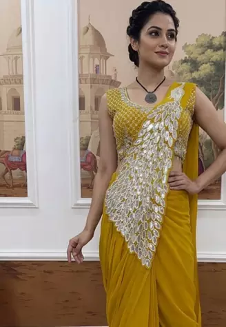 Yellow Color Embroidered,Thread & Sequins Work Work Faux Georgette Ready To Wear Saree