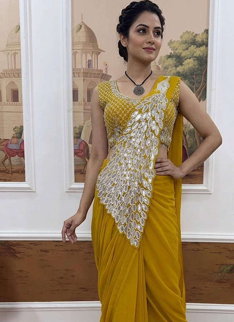Yellow Color Embroidered,Thread & Sequins Work Work Faux Georgette Ready To Wear Saree