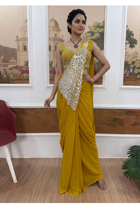yellow embroidered,thread & sequins work work faux georgette ready to wear saree 2