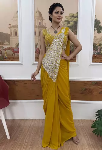 yellow embroidered,thread & sequins work work faux georgette ready to wear saree