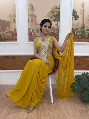 yellow embroidered,thread & sequins work work faux georgette ready to wear saree 3