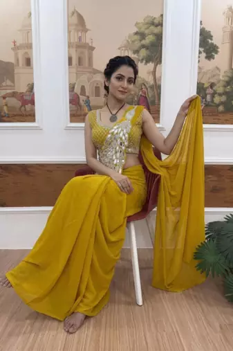 yellow embroidered,thread & sequins work work faux georgette ready to wear saree