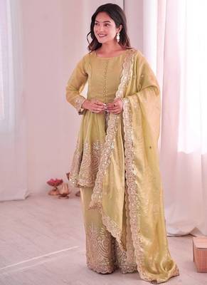 Lemon fendy satin with embroidered real mirror work plazzo set 2