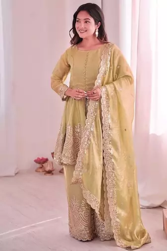 Lemon fendy satin with embroidered real mirror work plazzo set