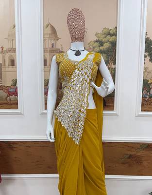 yellow embroidered,thread & sequins work work faux georgette ready to wear saree 4