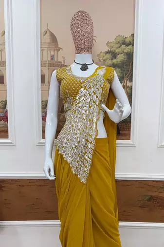 yellow embroidered,thread & sequins work work faux georgette ready to wear saree