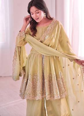 Lemon fendy satin with embroidered real mirror work plazzo set 3