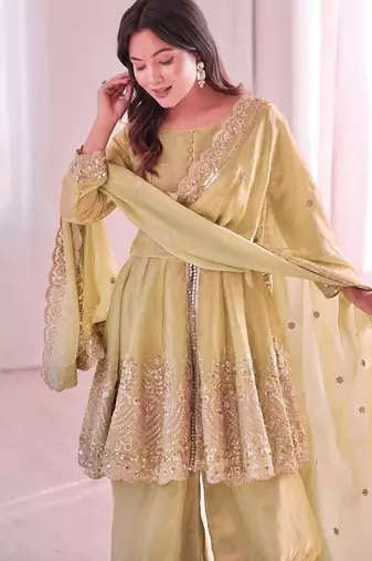 Lemon fendy satin with embroidered real mirror work plazzo set